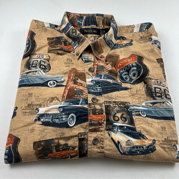 RedHead Men's Shirt 2XL Route 66 50s Classic Cars Corvette Ford Studebaker Chevy - Picture 1 of 10